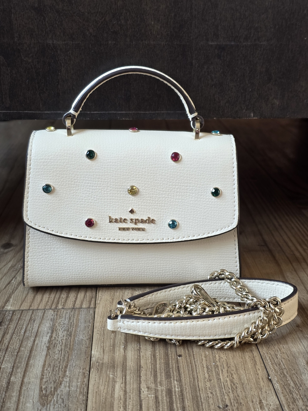 Kate Spade Darcy Micro Top Handle Studded Satchel in Festive Cream